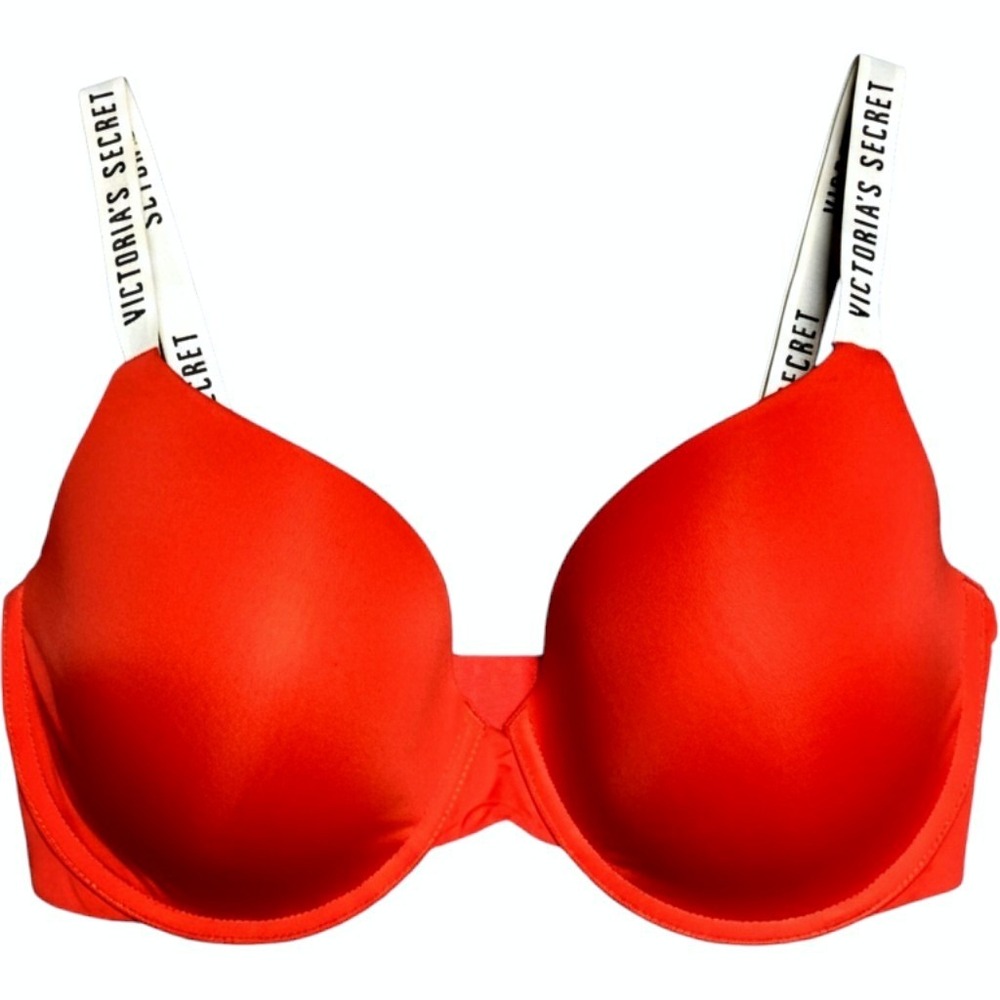 Victoria Secret Lightly Lined Demi Bra 32DDD Logo Straps Smooth Cup Push Up Red